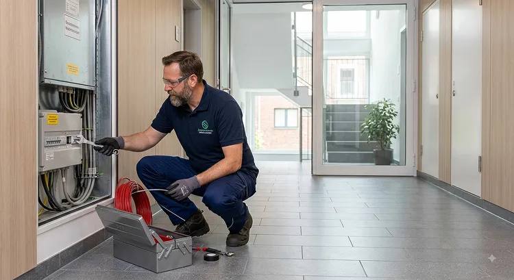 Hausmeister prüft die Haustechnik in einem Wohnhaus