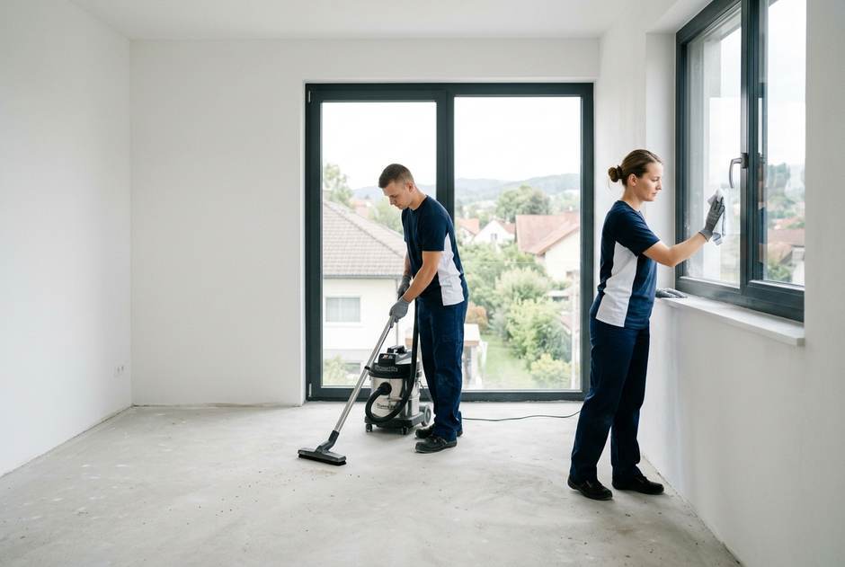 Bauschlussreinigung in Tirol: Reinigungskräfte entfernen Feinstaub in einer fertiggestellten Wohnung