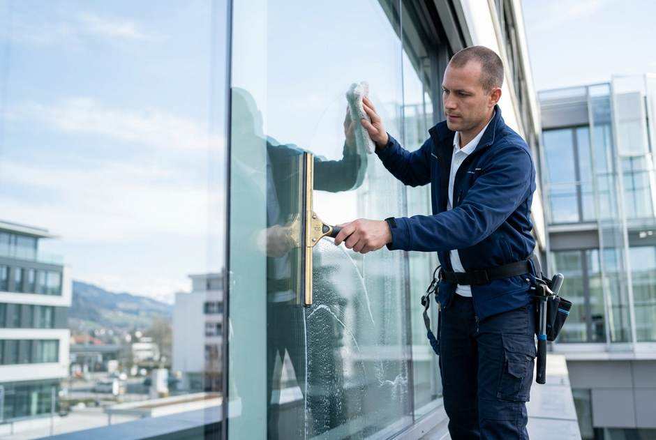 Fensterreinigung in Tirol: Fachkraft zieht einen Abzieher streifenfrei über eine große Glasfläche