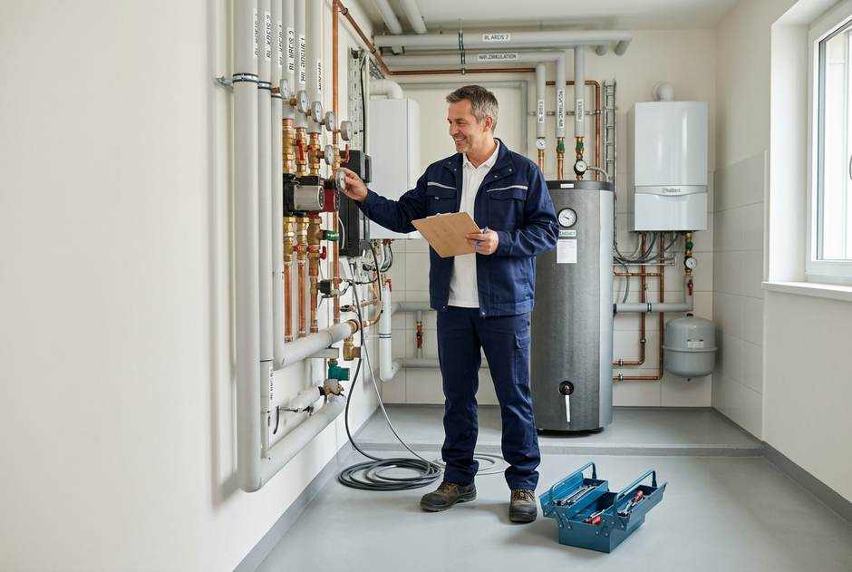 Hausmeisterservice in Tirol: Hausbetreuer kontrolliert die Haustechnik in einem Wohngebäude
