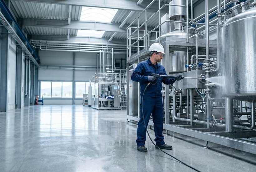 Industriereinigung in Tirol: Fachkraft reinigt eine Produktionsanlage in einer Fertigungshalle