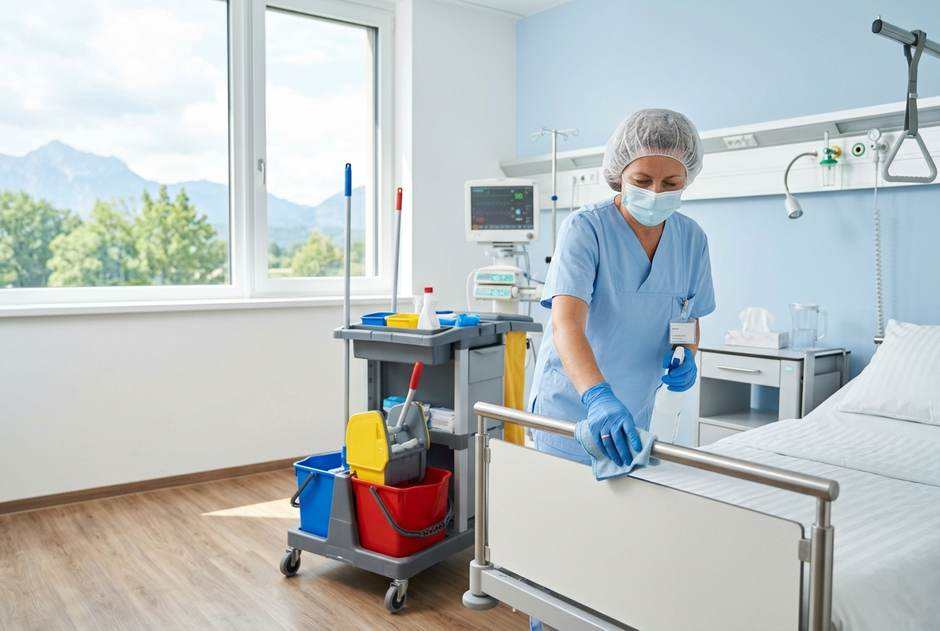 Krankenhausreinigung in Tirol: Reinigungskraft desinfiziert Oberflächen in einem Patientenzimmer