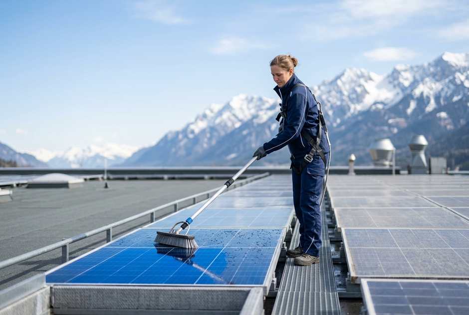 Photovoltaikreinigung in Tirol: Fachkraft reinigt Solarmodule auf einem Dach mit Teleskopbürste